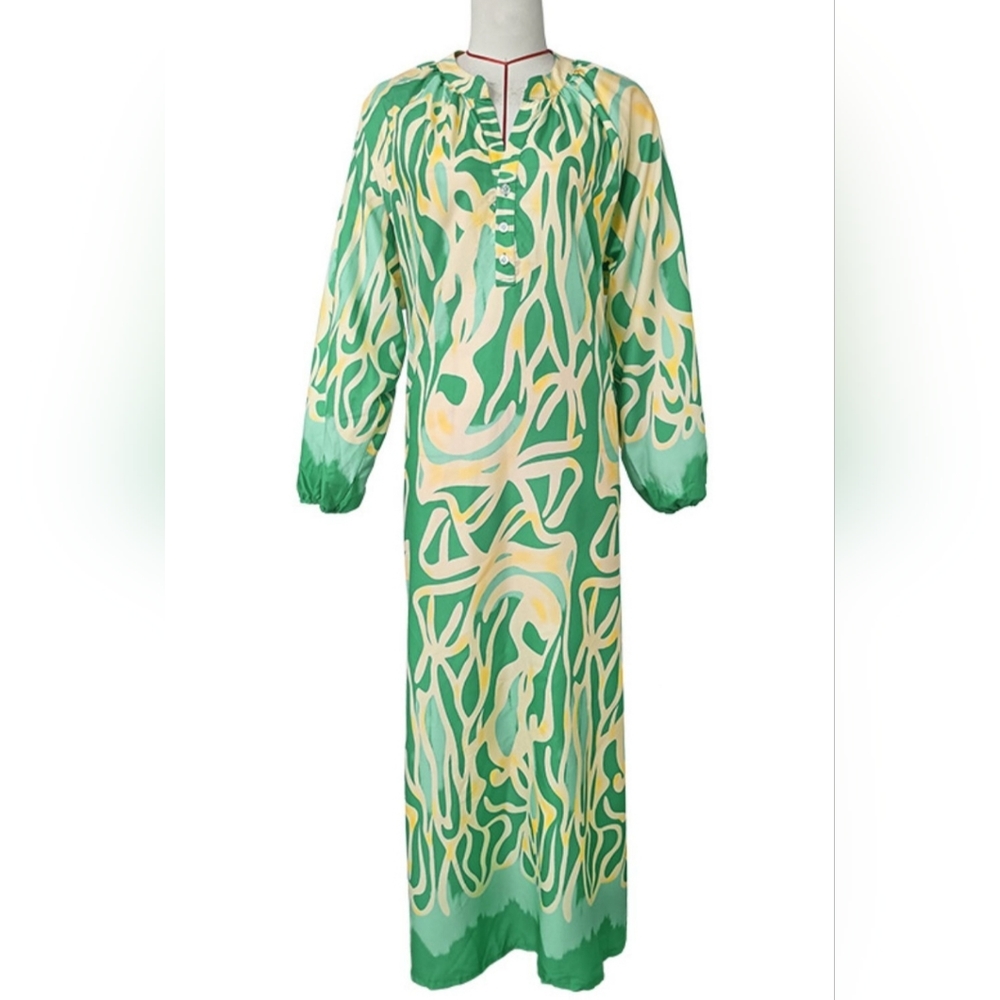 Green Abstract Button Chest Oversized Long Sleeve Dress Lightweight Colorful - Picture 8 of 10